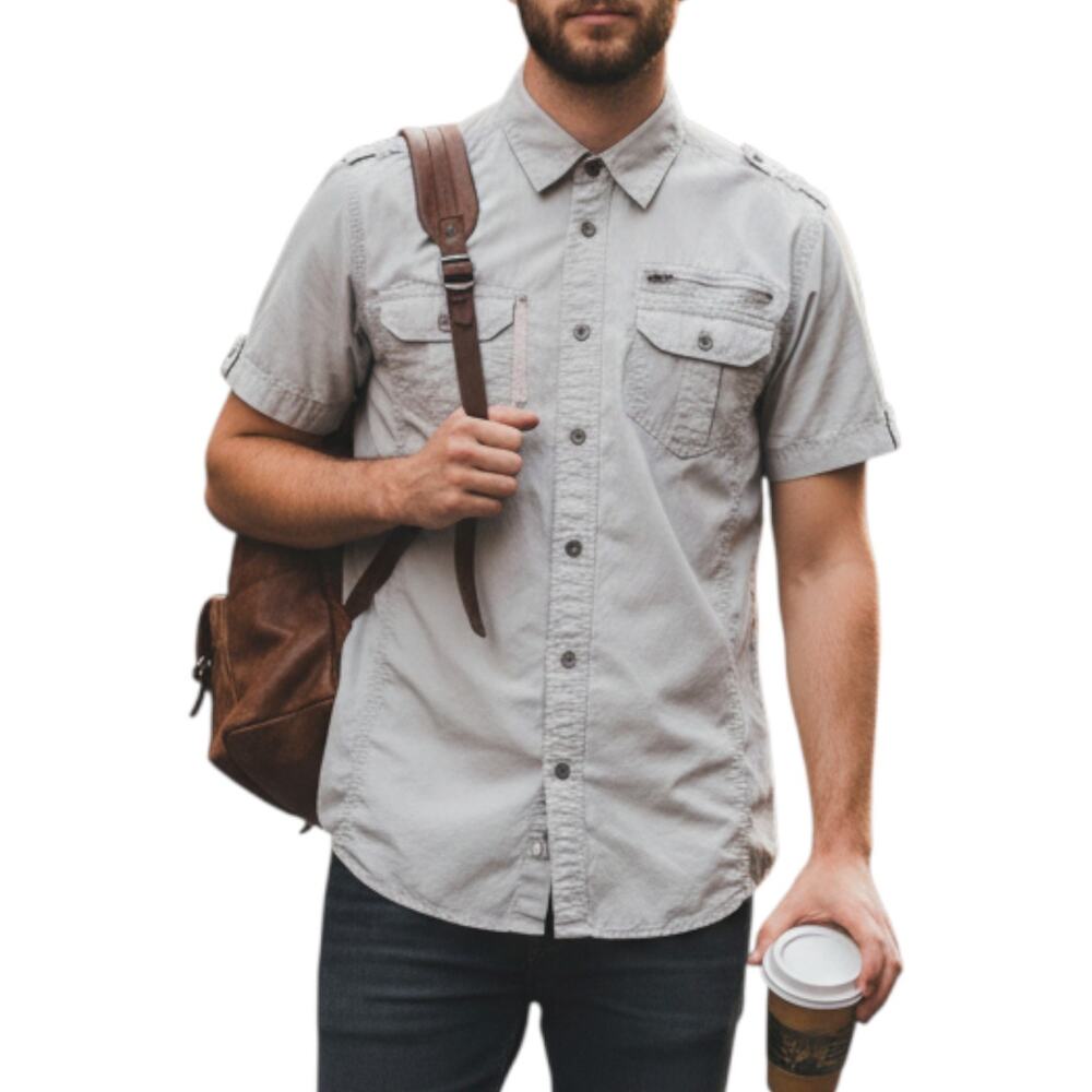 Rebel & Soul Men’s Medium Utility Camp Shirt Gray Metal Button Up Short Sleeve